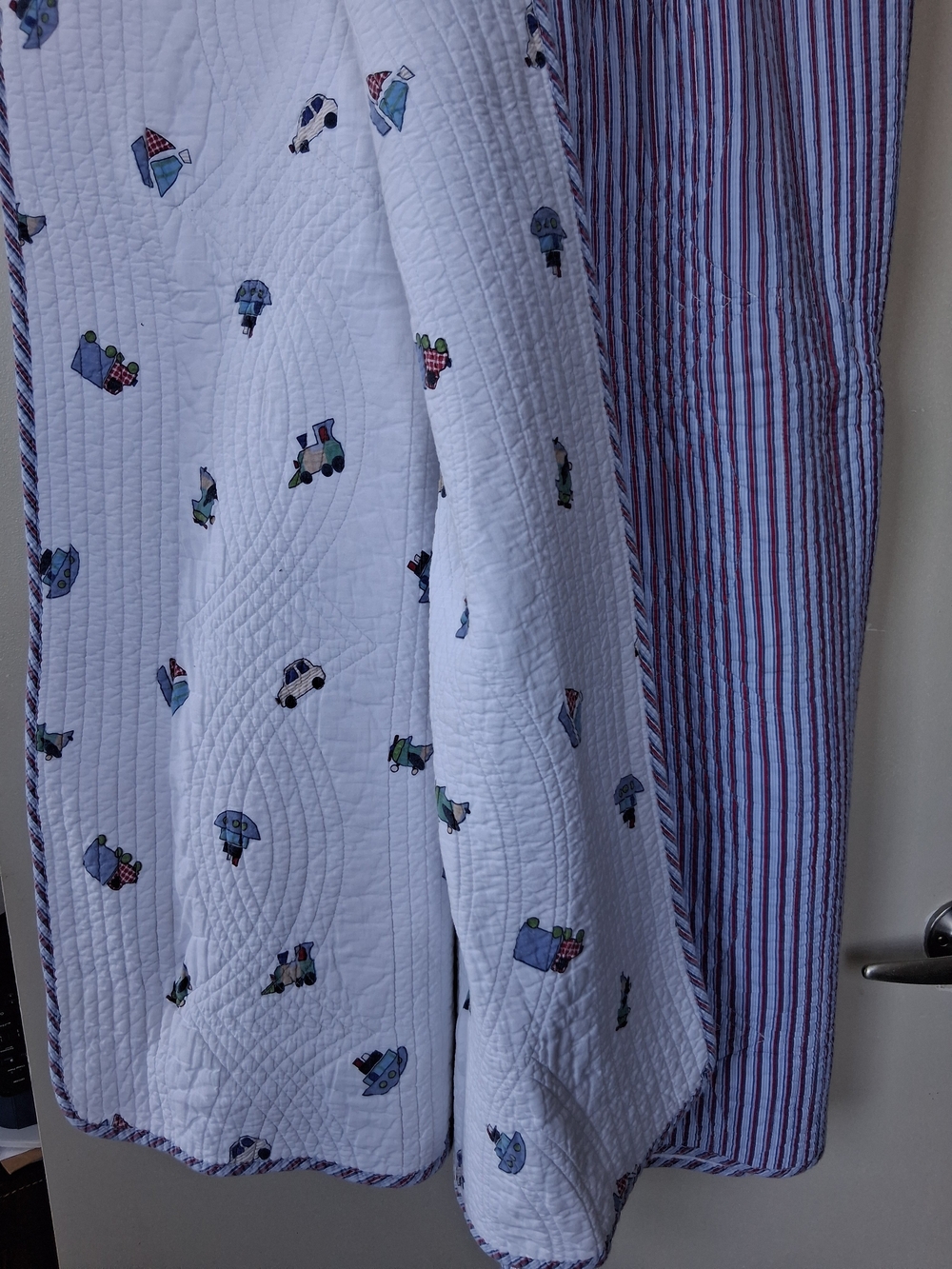 Tugboat Quilt White with Blue & Green Motif